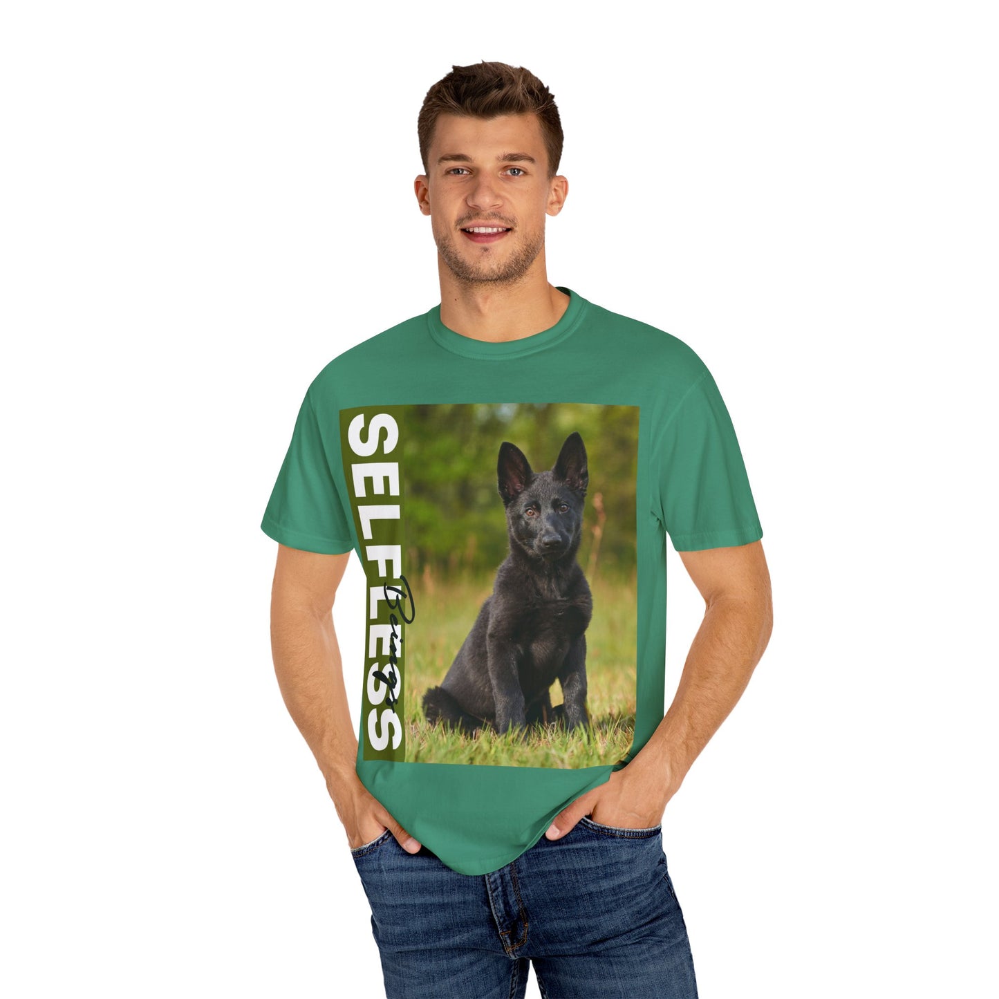 Unisex Dog Lover T-Shirt With Solid Black German Shepherd Puppy Sloppily Sitting on the Green Pasture and Caption Selfless Beings