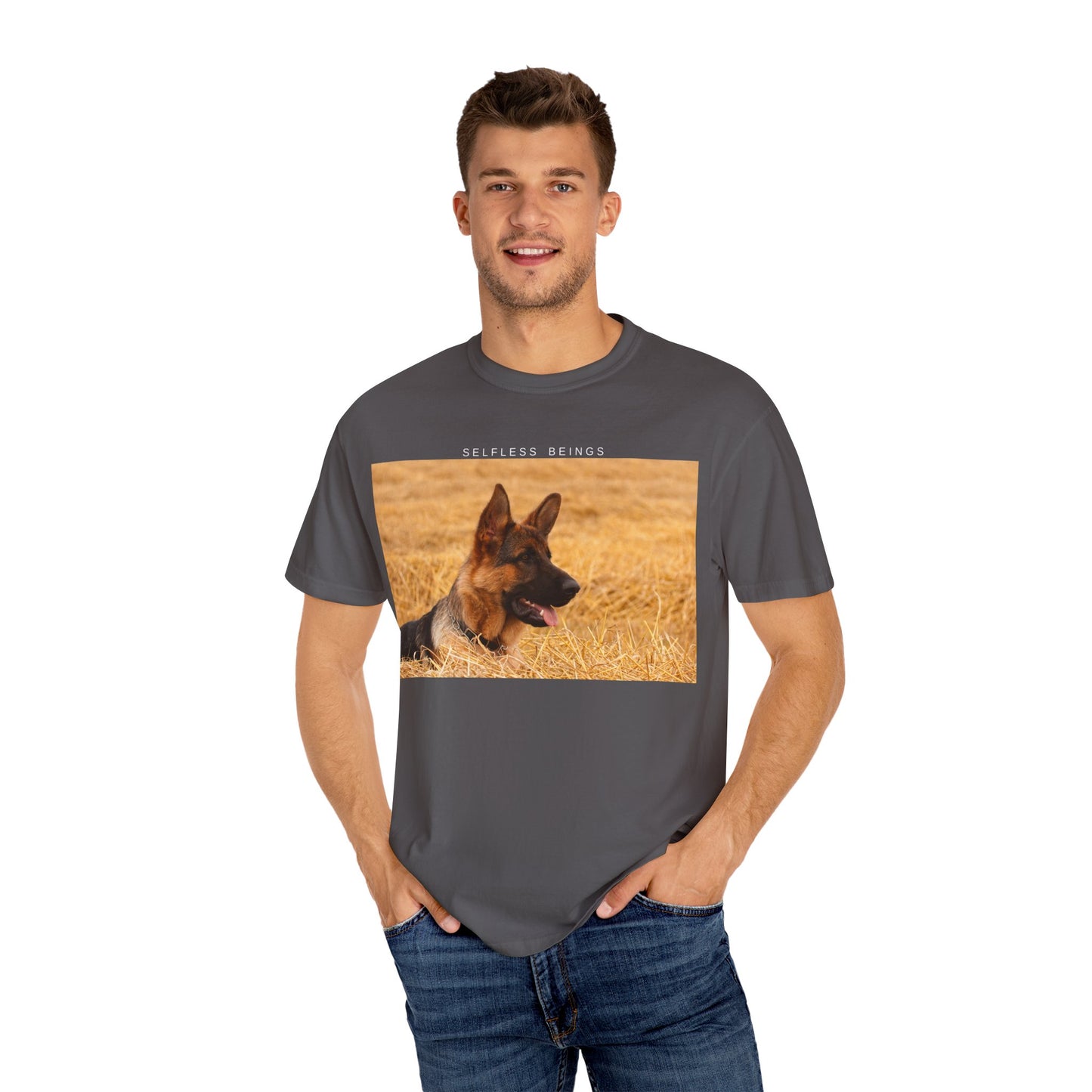 Unisex Dog Lover T-Shirt With a German Shepherd Relaxing on the Long Dry Grass and Caption Selfless Beings