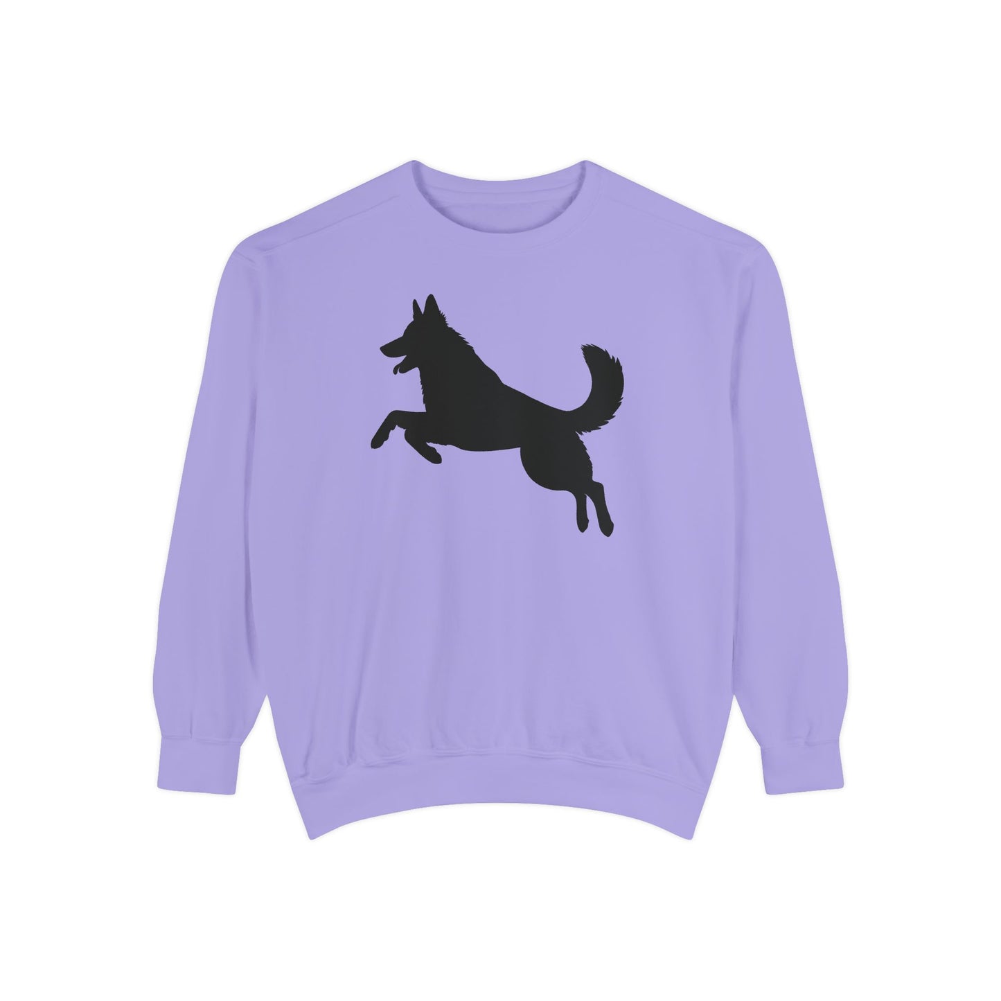Unisex Dog Lover Sweatshirt With a Graphic of Solid Black German Shepherd Jumping in the Air