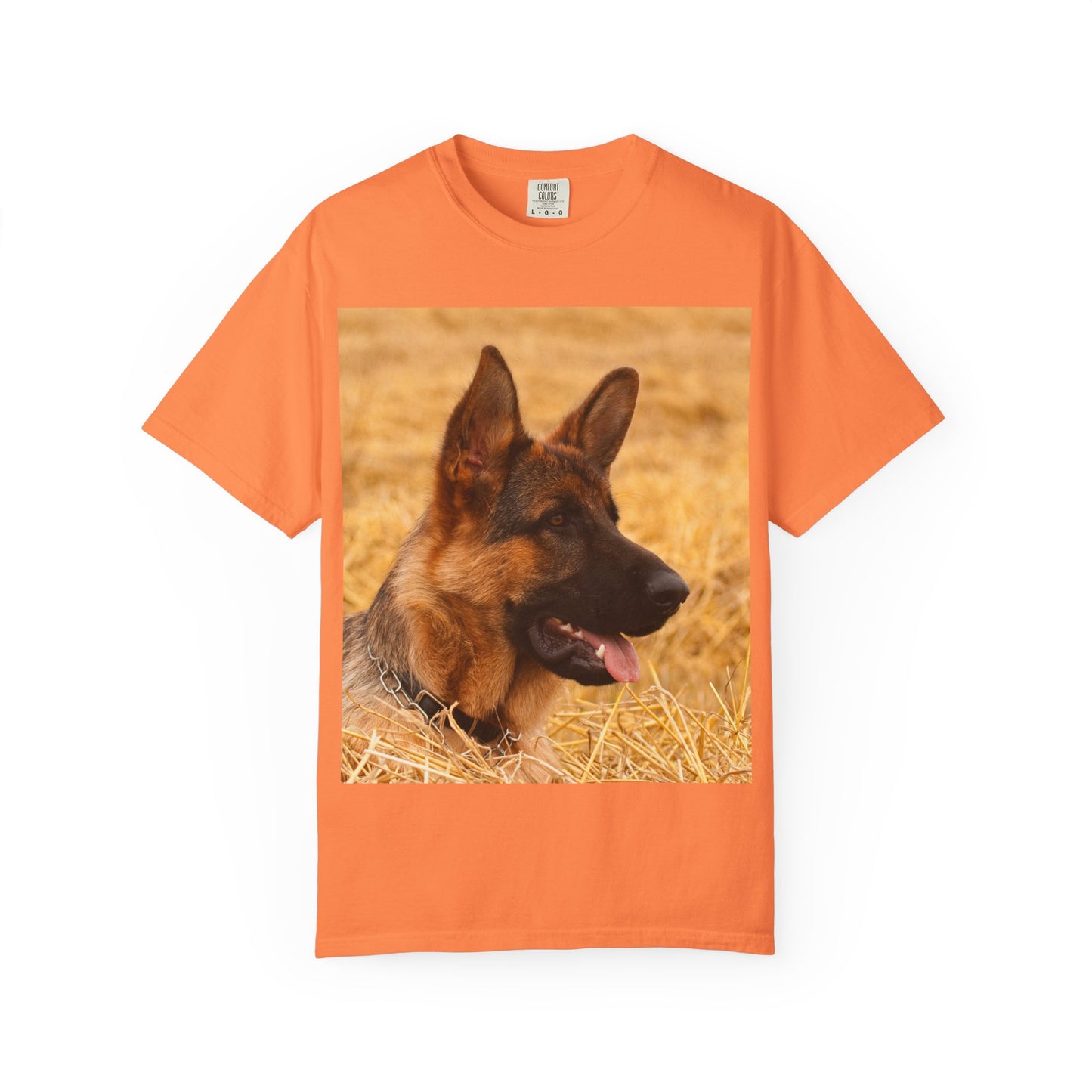 Unisex Dog Lovers T-Shirt Featuring German Shepherd Resting on the Dry Grass