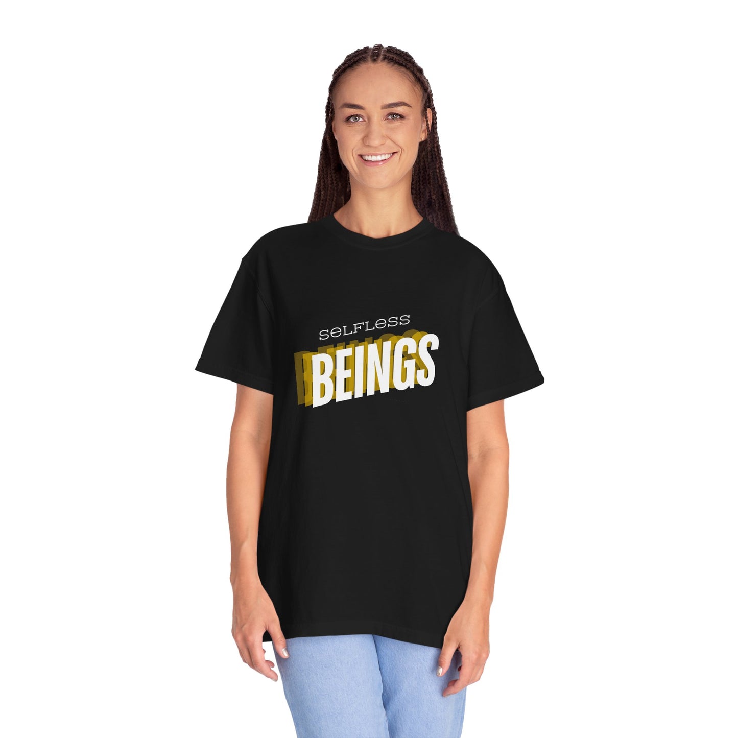 Unisex Dog Lover T-Shirt With Text "Selfless Beings" Designed Using Dark Yellow, Light Yellow and White Colors