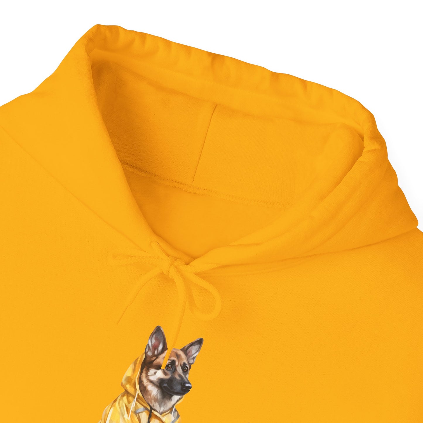 Unisex Dog Lover Hoodie With a Graphic of German Shepherd Wearing a Yellow Rain Coat