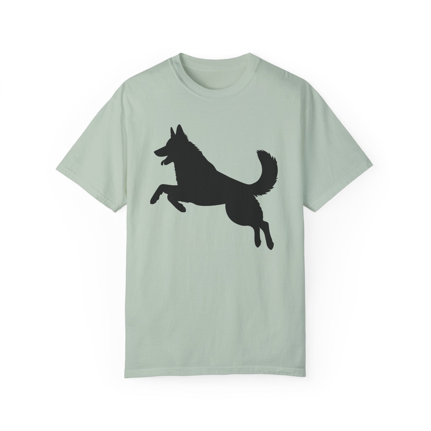 Unisex Dog Lover T-Shirt With a Graphic of Solid Black German Shepherd Jumping in the Air