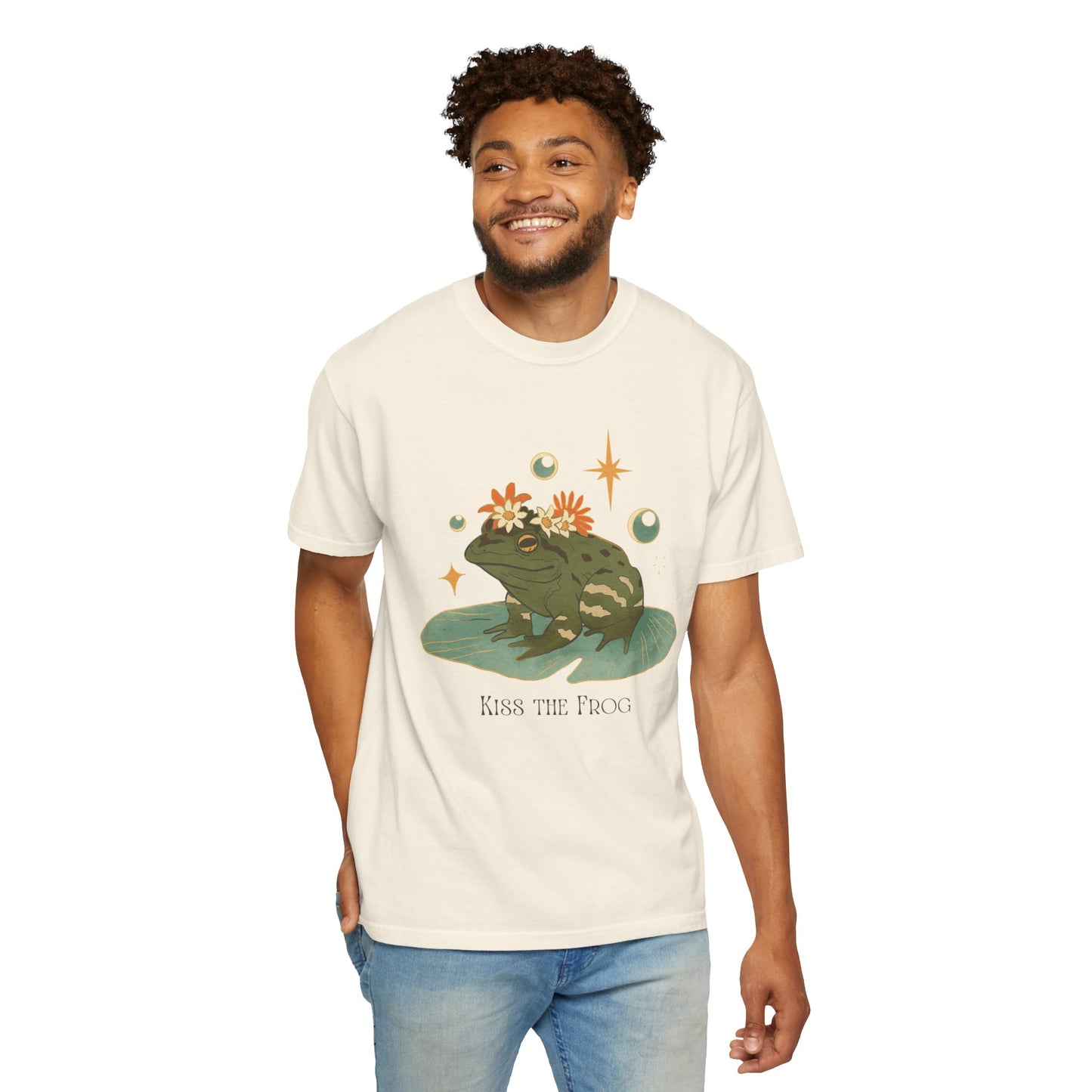 Kiss the Frog T-Shirt, Garment-Dyed Unisex Tee, Fun Gift for Nature Lovers, Cute Frog Graphic T-Shirt, Ideal for Casual Outings