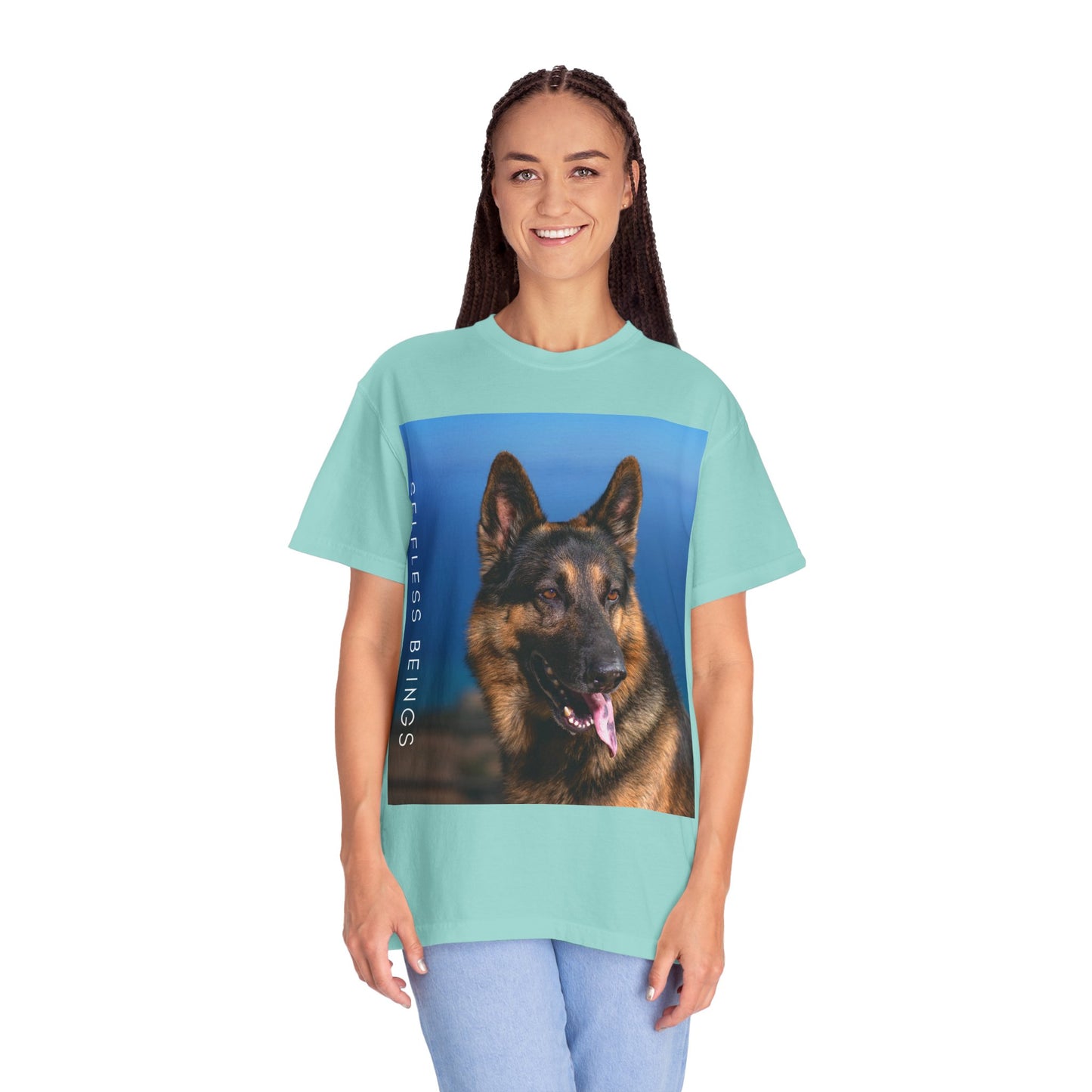 Unisex Dog Lover T-Shirt With Close Up of German Shepherd, Blue Sea in the Background and Caption Selfless Beings