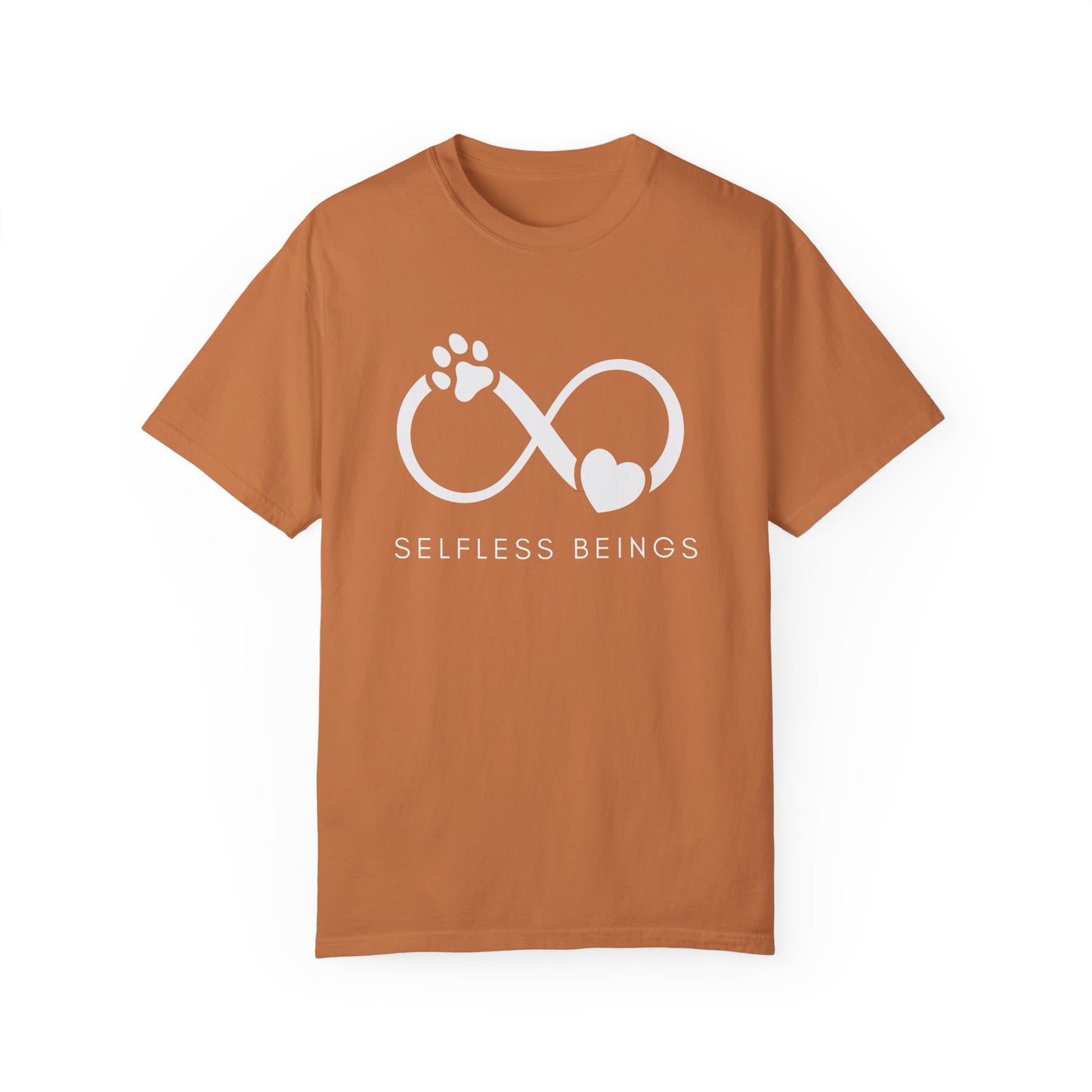 Unisex Dog Lover T-Shirt With Paw Print and Heart on Infinity Symbol and Caption Selfless Beings Below