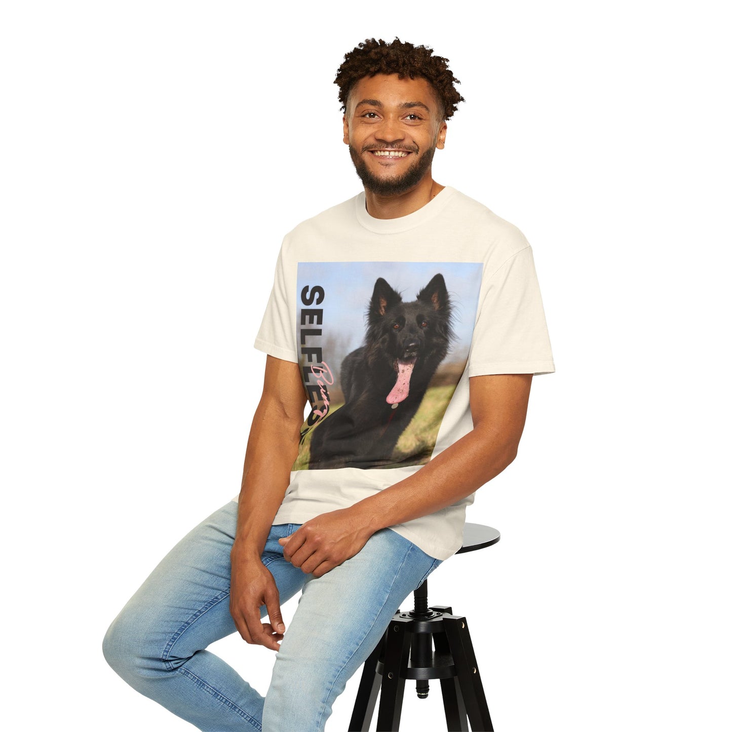 Unisex Dog Lover T-Shirt With Black German Shepherd in the Open Field Leaving Tongue Out and Caption Selfless Beings
