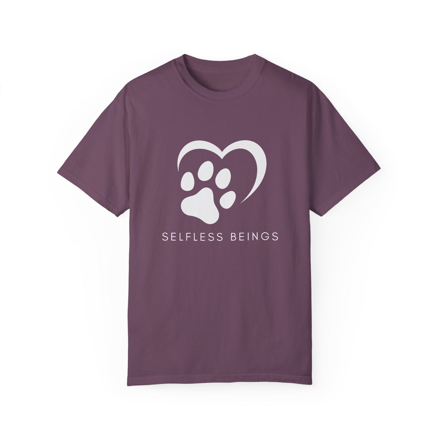 Unisex Dog Lover T-Shirt With Graphic of Half Heart and Dog Paw Print and Caption Selfless Beings Below