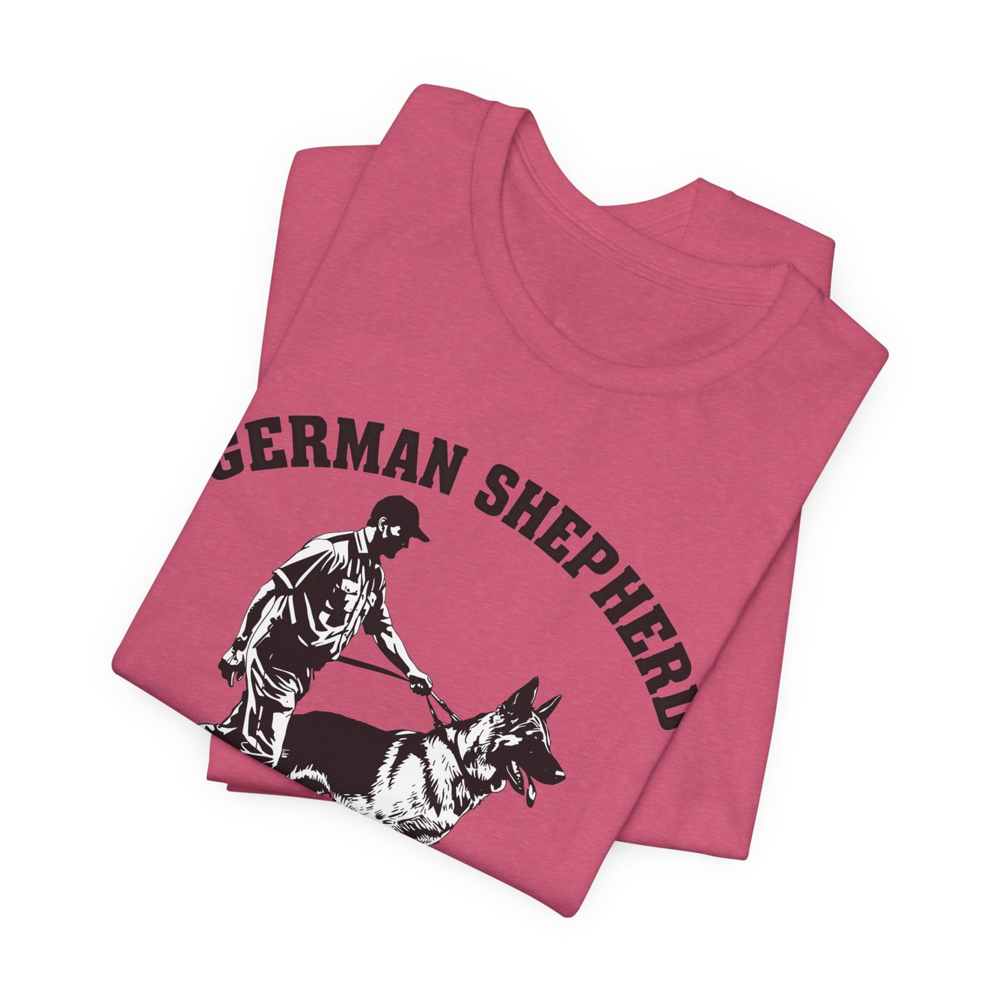 German Shepherd Trainer Tee - Black and White Design of Man Holding a German Shepherd