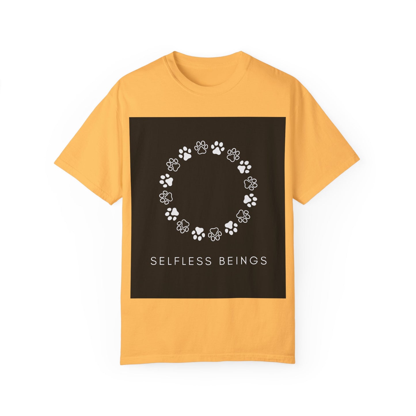 Unisex Dog Lover T-Shirt With Circular Frame Made of Dog Paw Prints and Caption Selfless Beings