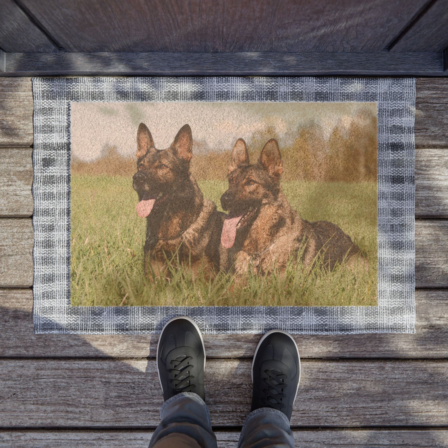 Dog Doormat Featuring Two Giant Working Line German Shepherds Sitting on the Grass