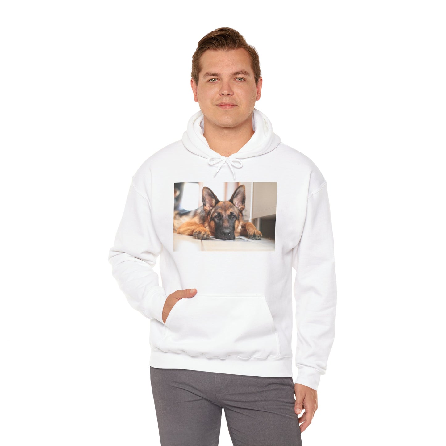 A Unisex Hoodie With a German Shepherd Lying His Head on the Floor