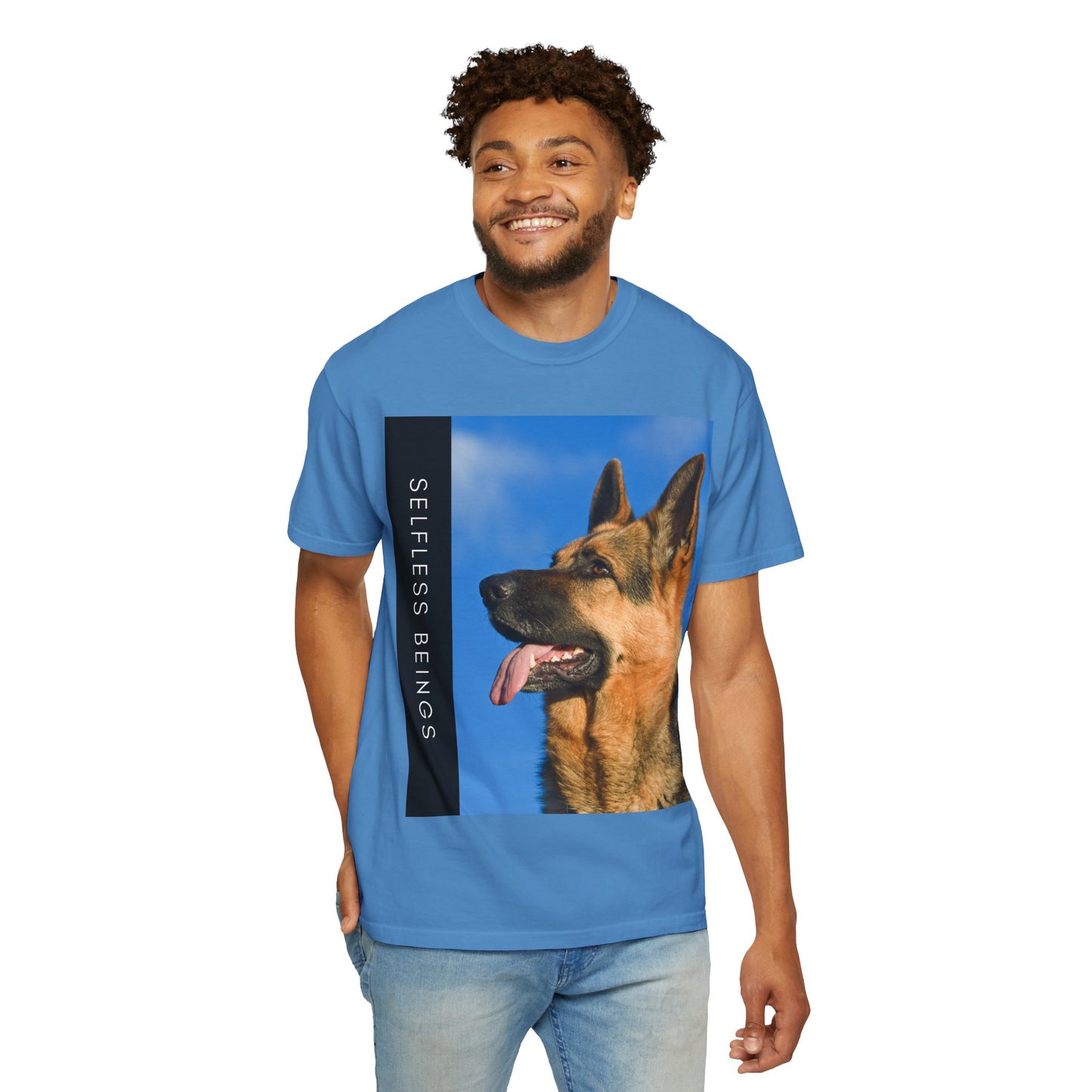 Unisex Dog Lover T-Shirt With Close Up of German Shepherd, Blue Sky in Background and Caption Selfless Beings