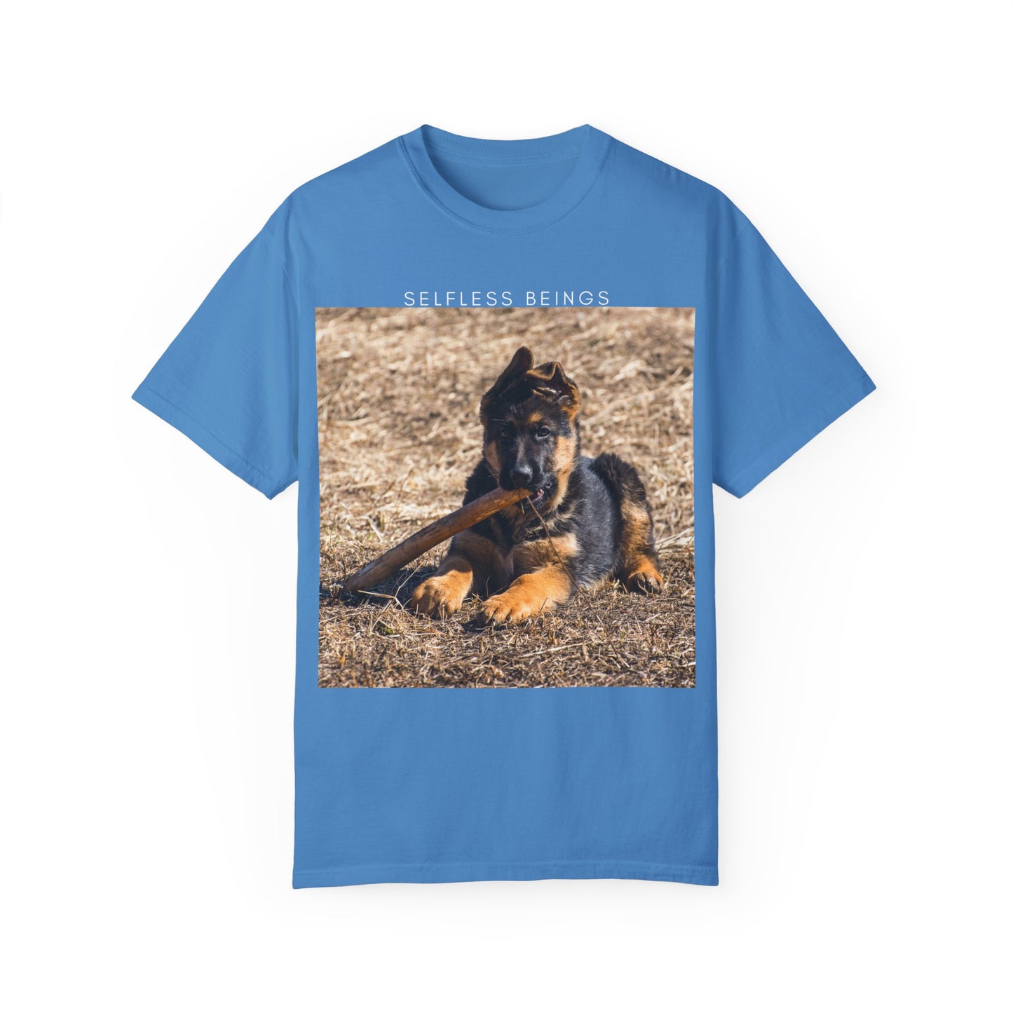 Unisex Dog Lover T-Shirt With a German Shepherd Puppy Playing With Wooden Stick on Dry Grass and Caption Selfless Beings