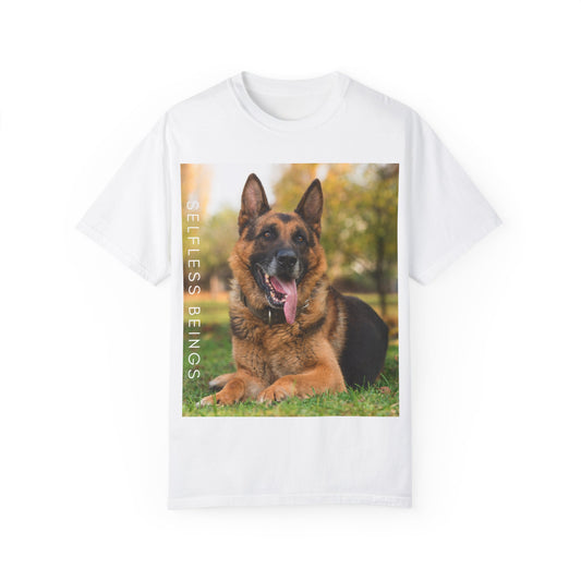 Unisex Dog Lover T-Shirt With Giant German Shepherd Relaxing on the Grass Leaving Tongue Out and Caption Selfless Beings