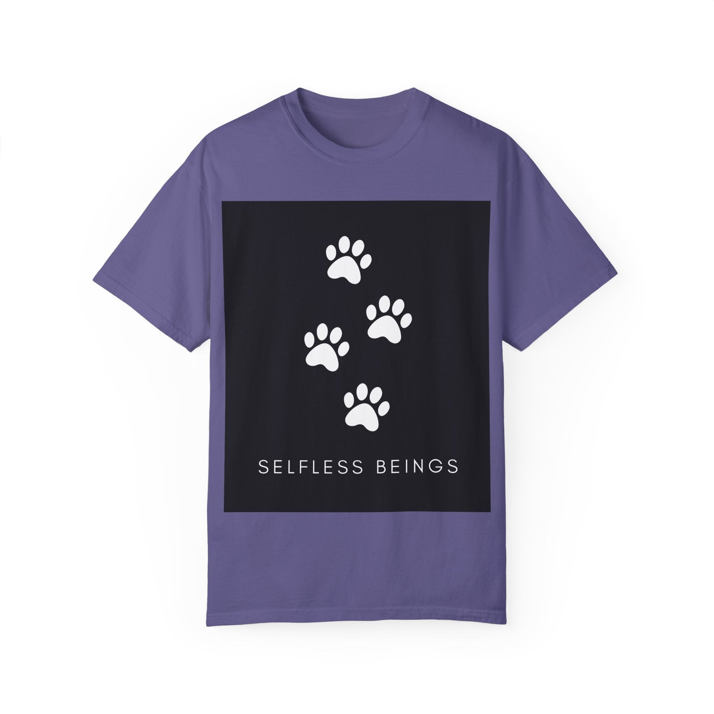 Unisex Dog Lover T-Shirt With 4 White Paw Prints and Caption Selfless Beings