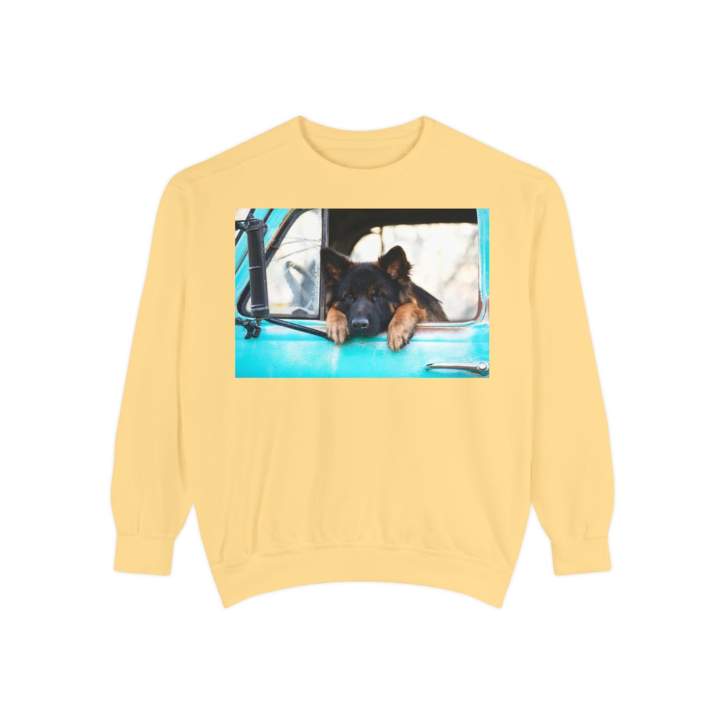 Unisex Dog Lover Sweatshirt With a German Shepherd Puppy Putting His Head and Front Legs On The Truck Seat's Window