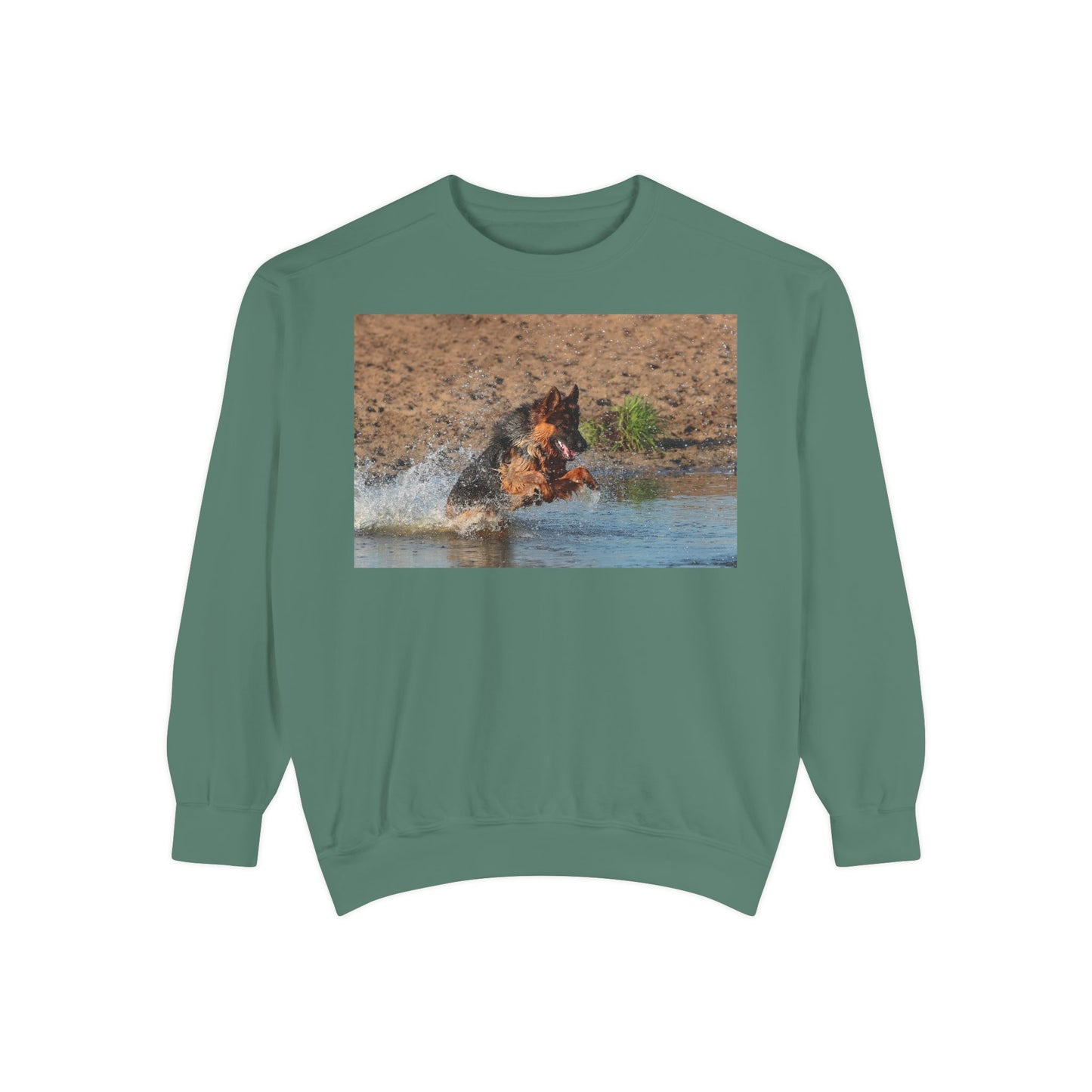 Unisex Dog Lover Sweatshirt With a Long Coat German Shepherd Jumps in the River