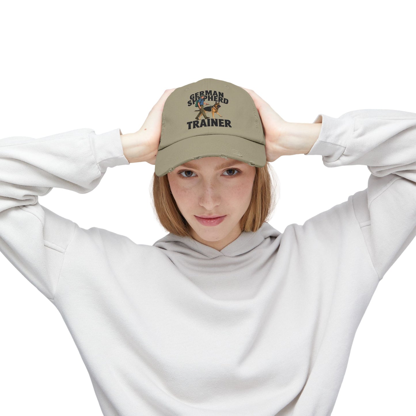 Unisex Distressed Cap Featuring a Trainer Leading German Shepherd, Dog Trainer Gift