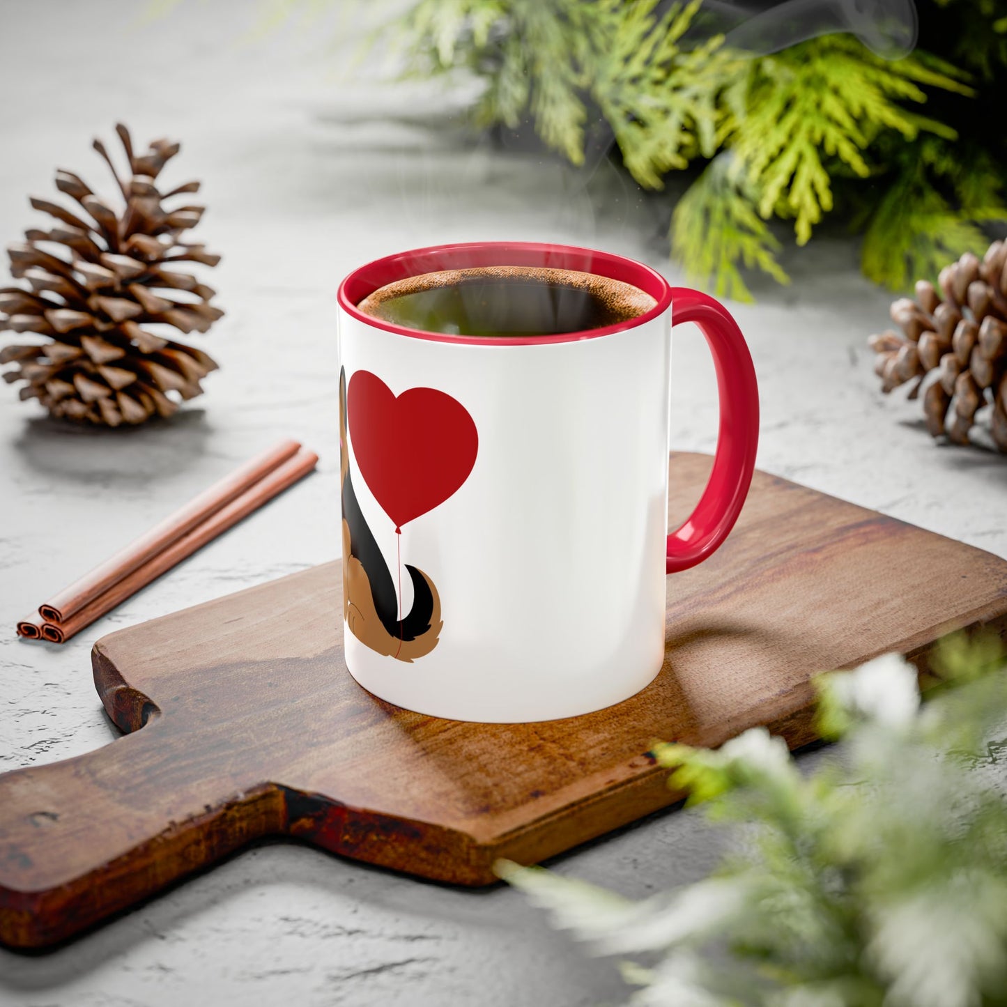 Glossy Ceramic Dog Lover Mug With a Graphic of German Shepherd Puppy and Heart Shaped Balloon Attached With Tail