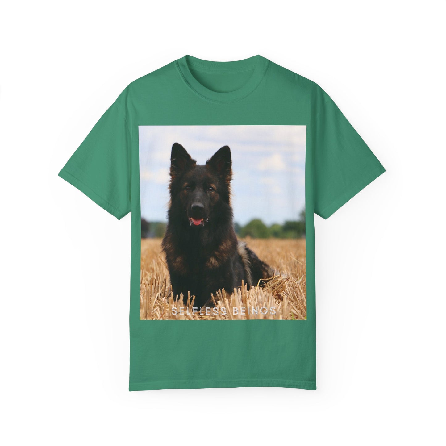 Unisex Dog Lover T-Shirt With Beautiful German Shepherd Sitting Over a Stover and Caption Selfless Beings
