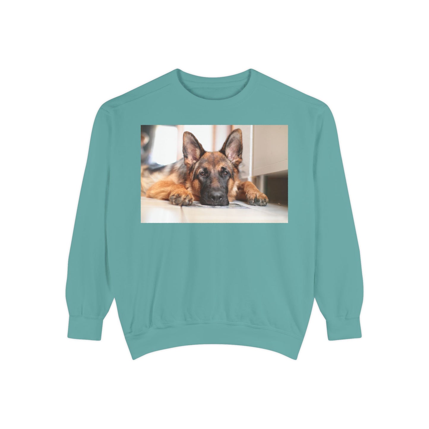 Unisex Dog Lover Sweatshirt With a German Shepherd Lying His Head on the Floor