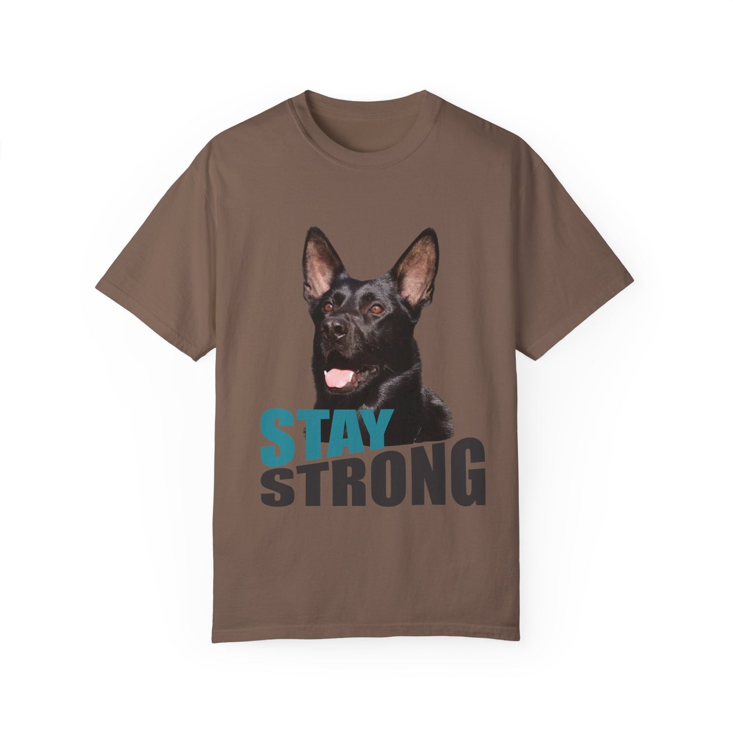 Unisex Dog Lover T-Shirt With Solid Black Working Line German Shepherd Mouth Opened and Caption Stay Strong