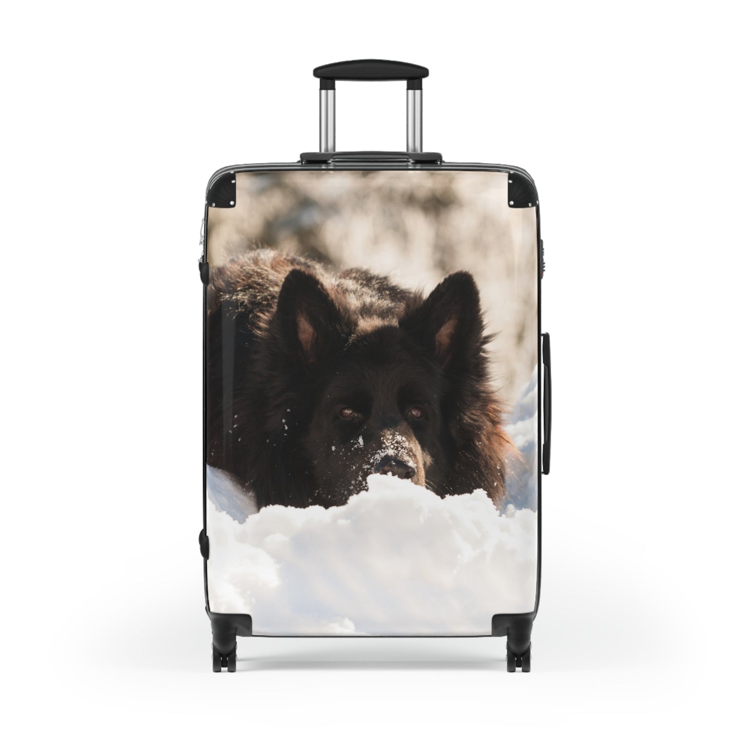 Winter Wonderland Dog Suitcase - A Giant Black German Shepherd Resting on the Snow