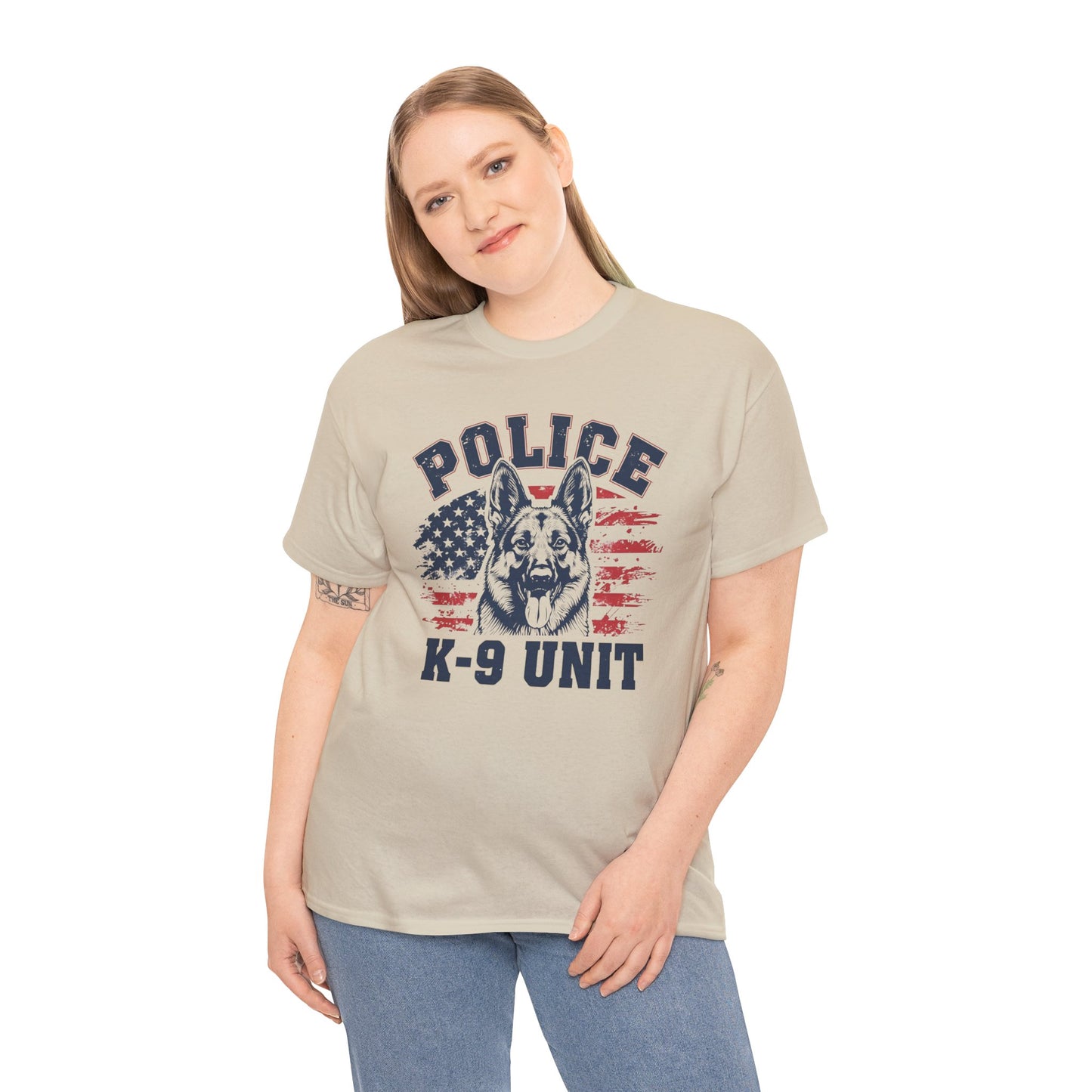 Patriotic Police K-9 Unit T-Shirt With American Flag in Background, Unisex Heavy Cotton Tee