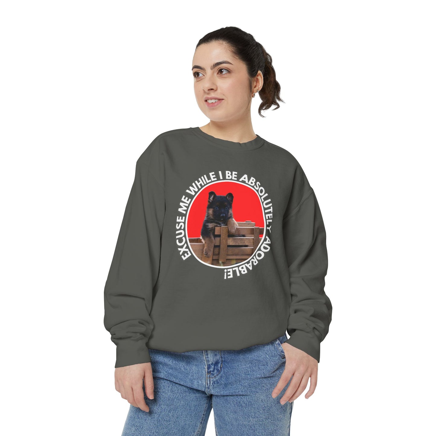 Unisex Dog Lover Sweatshirt With German Shepherd Puppy Sitting on the Toy Wooden Tractor and Caption Excuse Me While I Be Absolutely Adorable