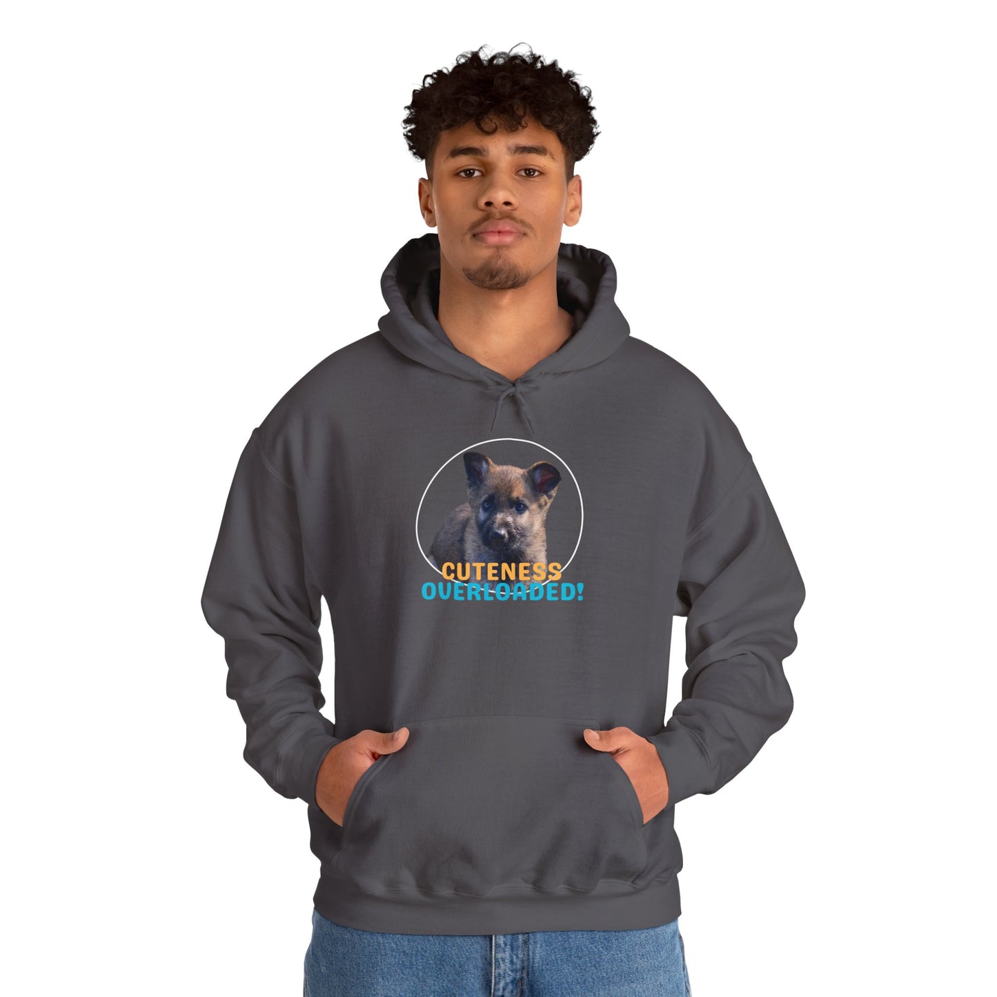 Unisex Dog Lover Hoodie With Cute Sable German Shepherd Puppy and Caption Cuteness Overloaded