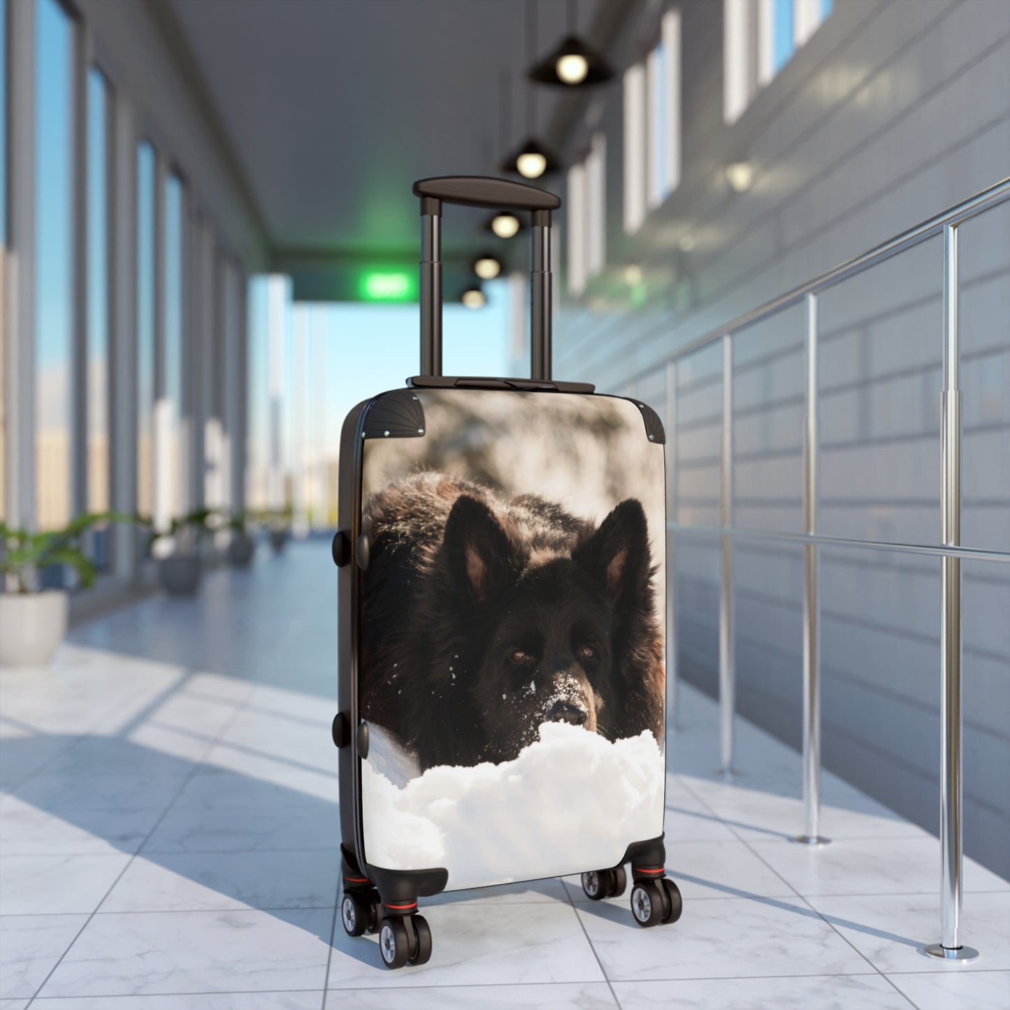 Winter Wonderland Dog Suitcase - A Giant Black German Shepherd Resting on the Snow