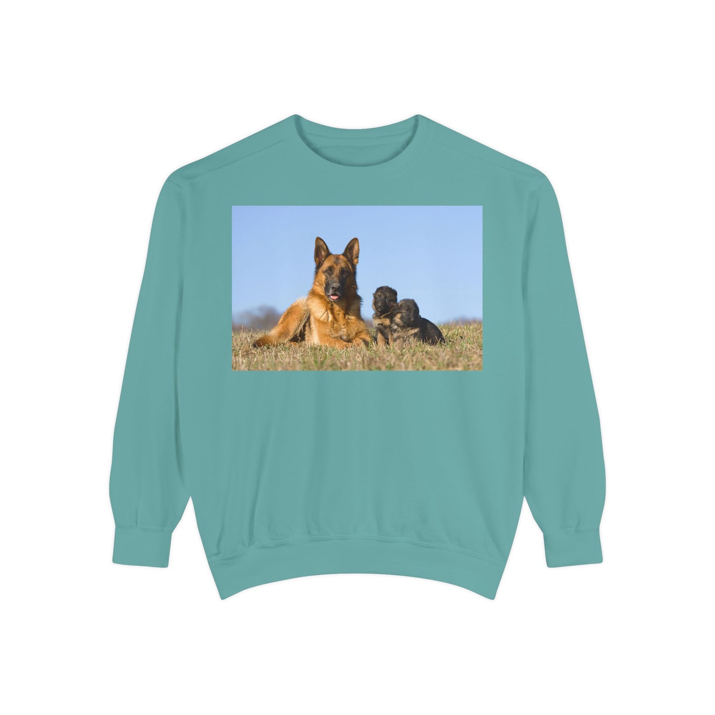 Unisex Dog Lover Sweatshirt With a German Shepherd Lying on the Grass With Two Puppies