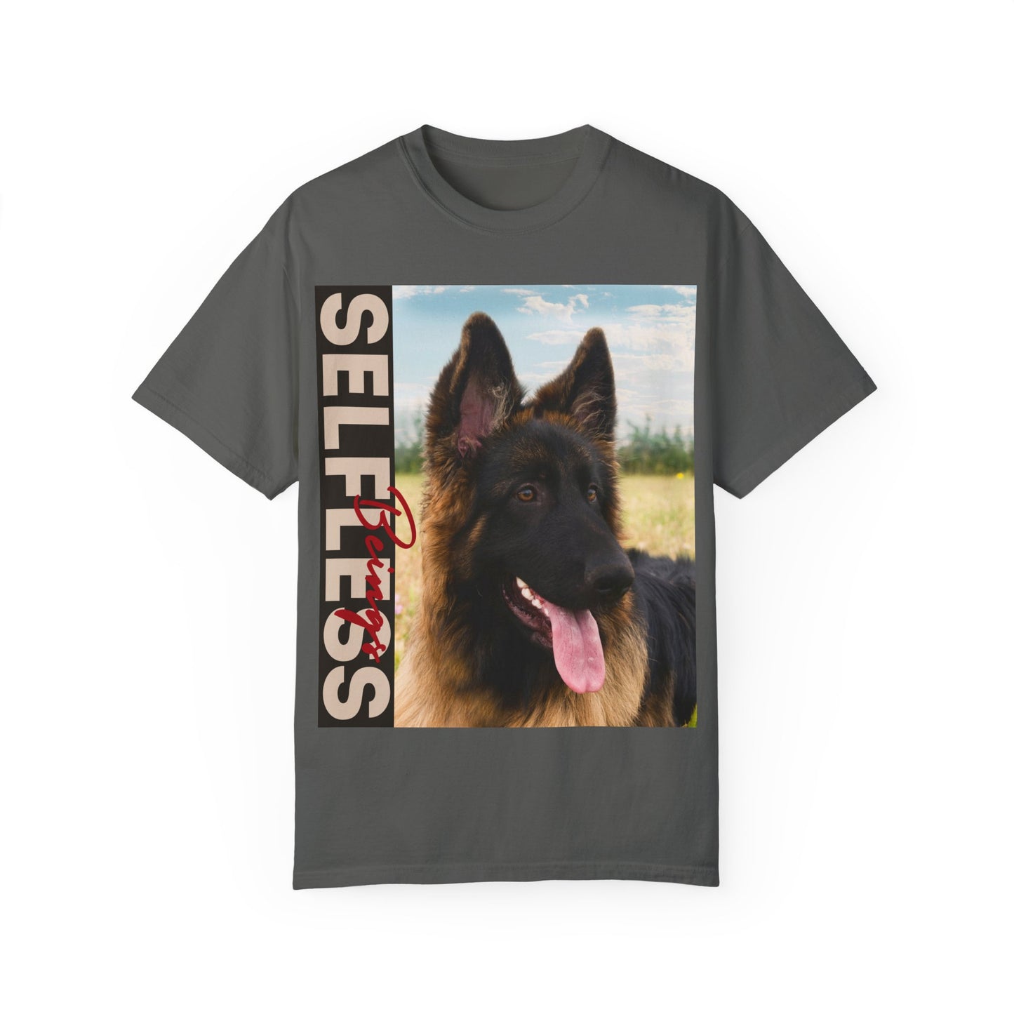 Unisex Dog Lover T-Shirt With Young Long Coat German Shepherd Looking Sideways Leaving Tongue Out and Caption Selfless Beings Written With Beige Red