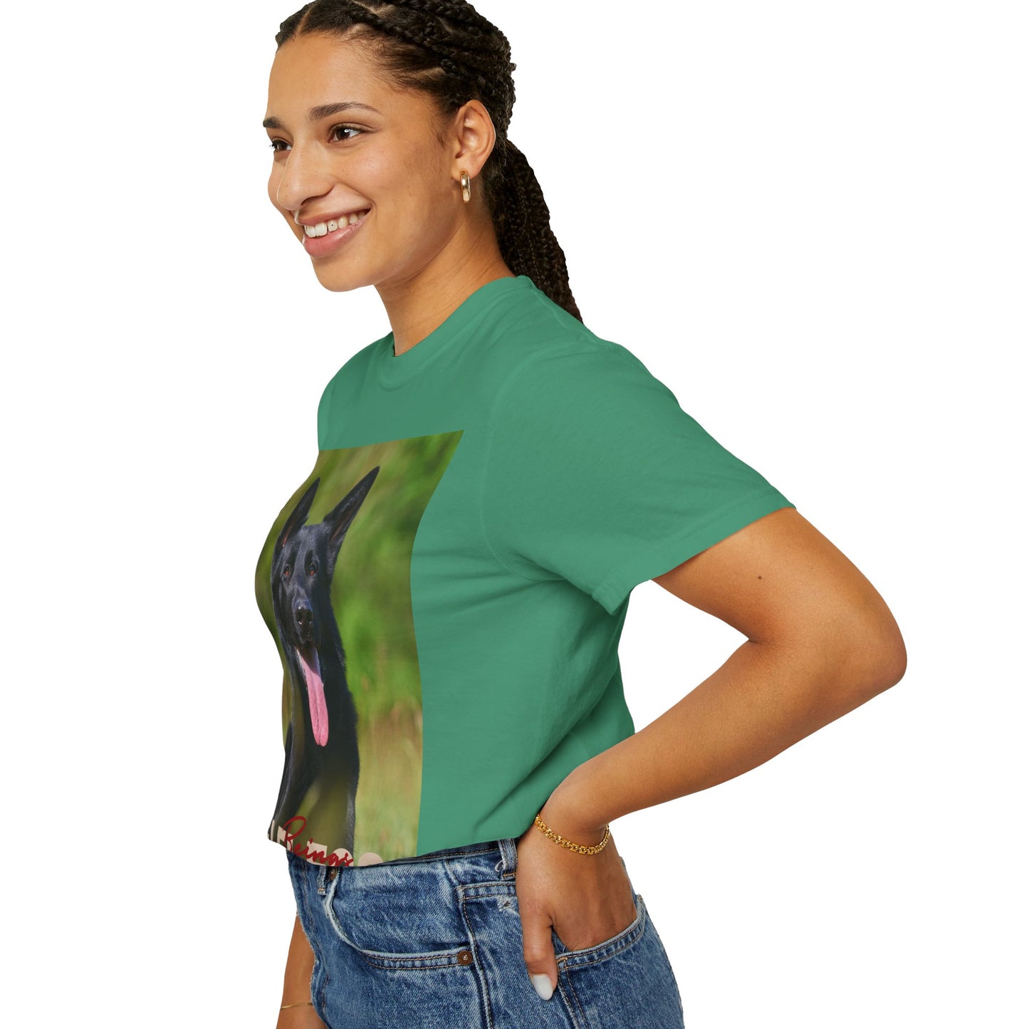 Unisex Dog Lover T-Shirt With Black German Shepherd Resting on the Grass Leaving Tongue Out and Caption Selfless Beings