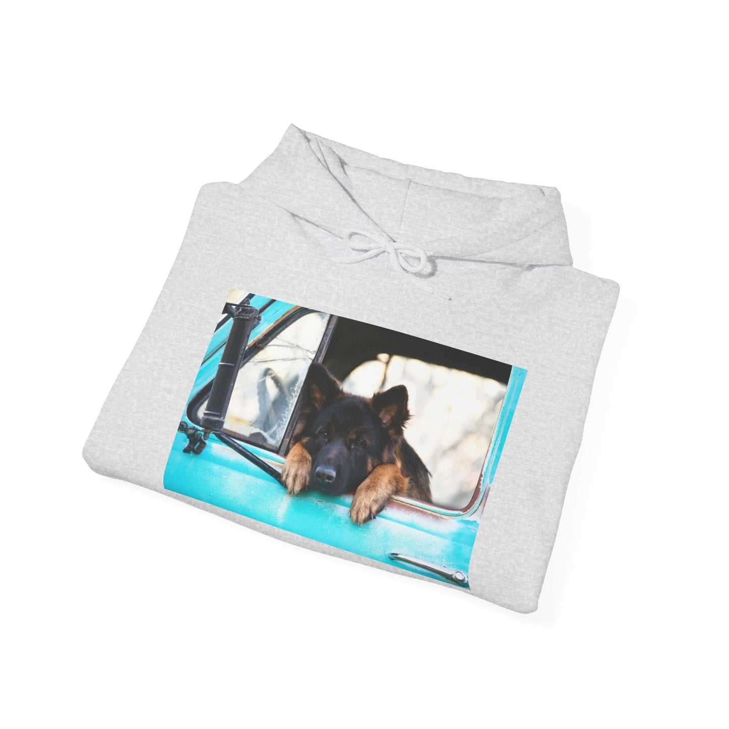 Unisex Dog Lover Hoodie With German Shepherd Puppy Putting His Head and Front Legs On The Truck Seat's Window