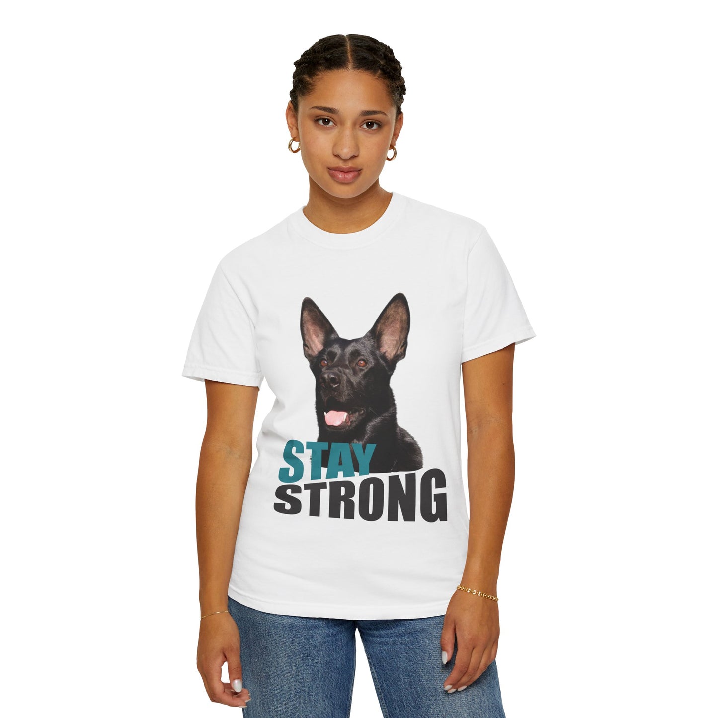Unisex Dog Lover T-Shirt With Solid Black Working Line German Shepherd Mouth Opened and Caption Stay Strong