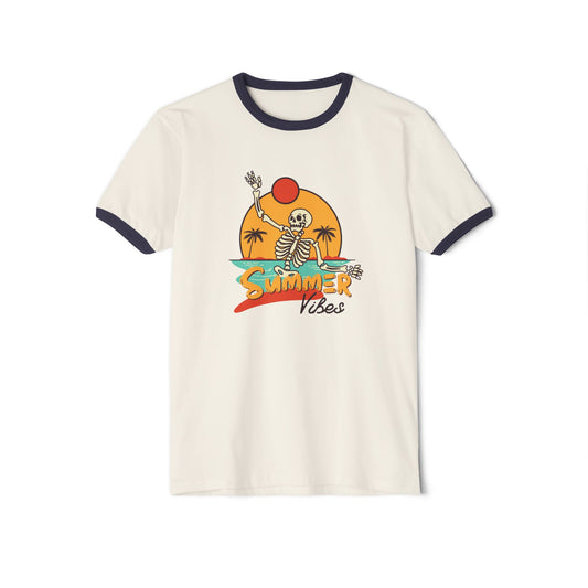 Retro Summer Ringer T-Shirt, Vintage Beach Tee, Skeleton Graphic Shirt, Unisex Casual Wear, Perfect for Summer Vibes