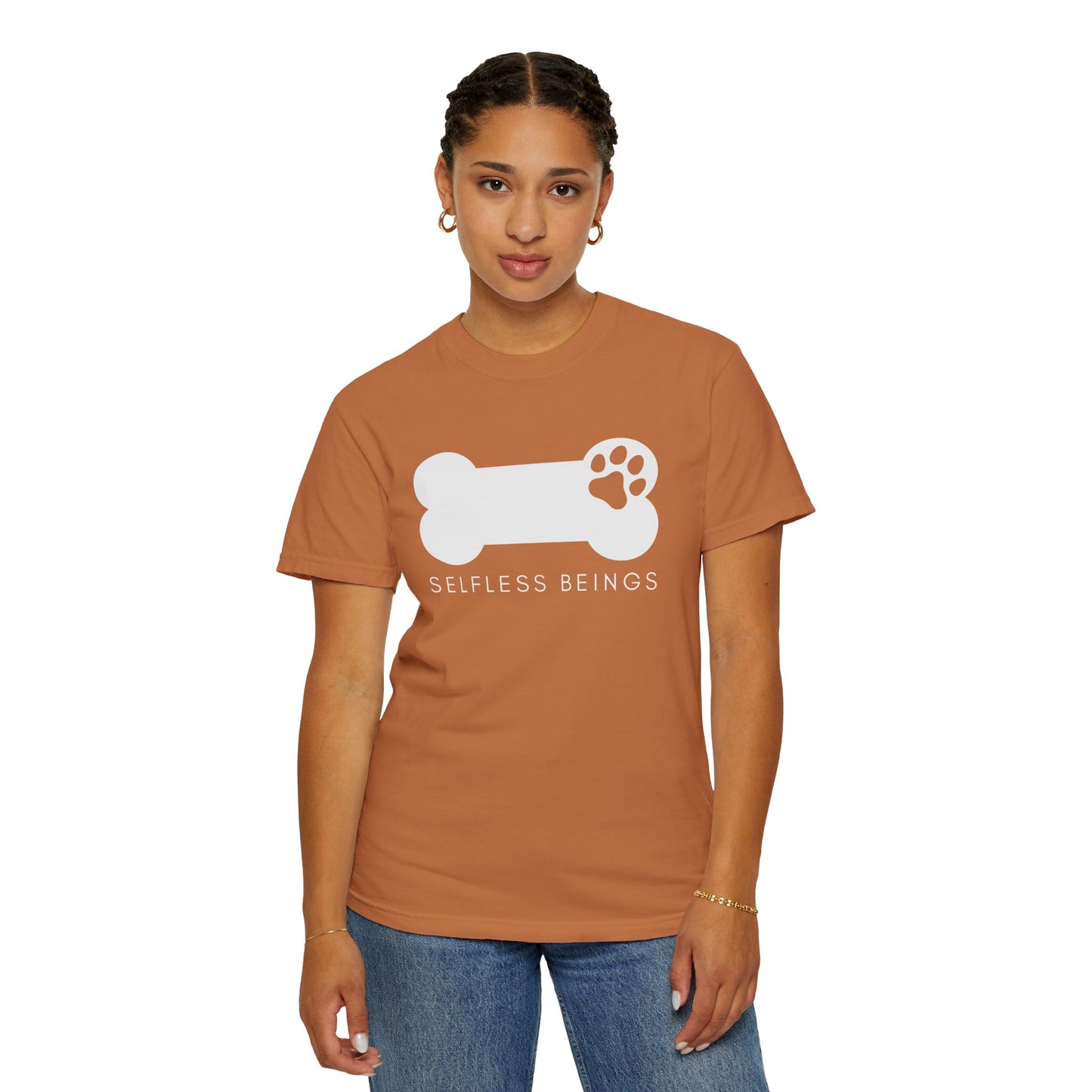 Unisex Dog Lover T-Shirt With Dog's Paw Print Inside a Bone and Caption Selfless Beings