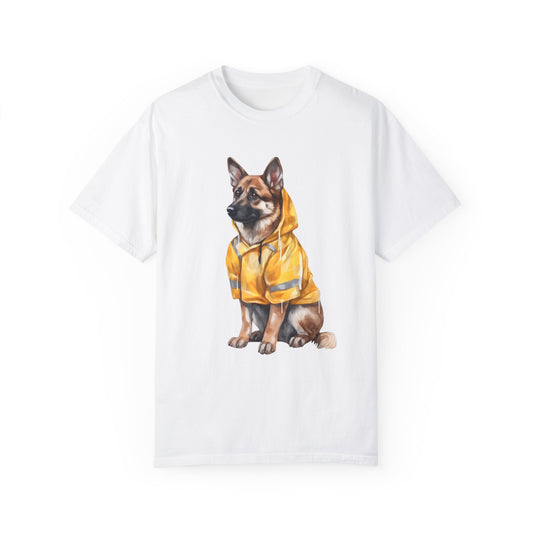 Unisex Dog Lover T-Shirt With a Graphic of German Shepherd Wearing a Yellow Rain Coat