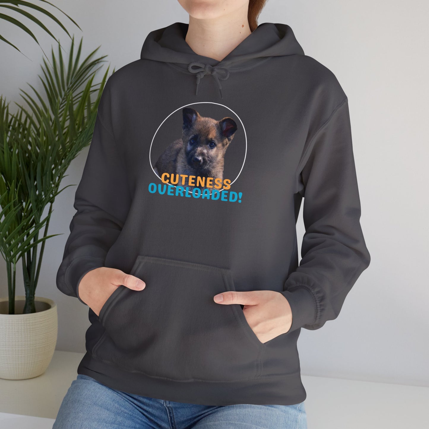 Unisex Dog Lover Hoodie With Cute Sable German Shepherd Puppy and Caption Cuteness Overloaded