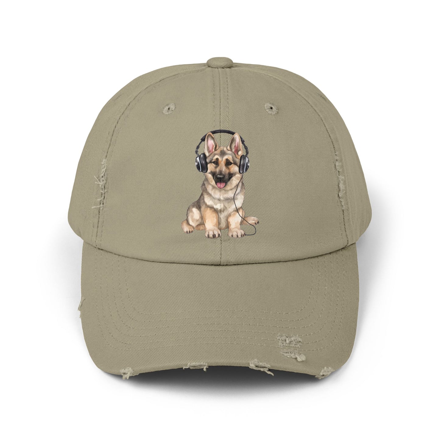 Distressed Dog Cap with German Shepherd Wearing Headphones | Pet Lover Gift | Adjustable Cap