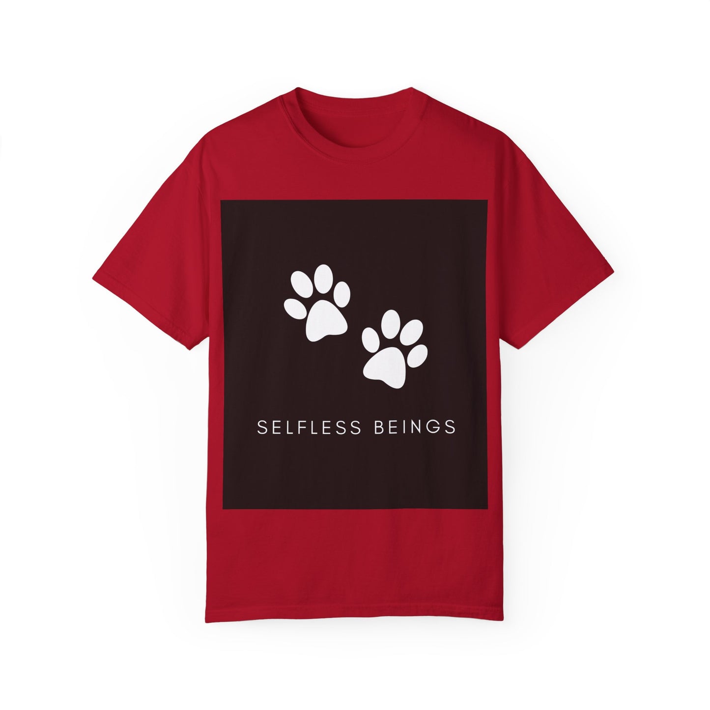 Unisex Dog Lover T-Shirt With White Dog Paw Prints and Caption Selfless Beings