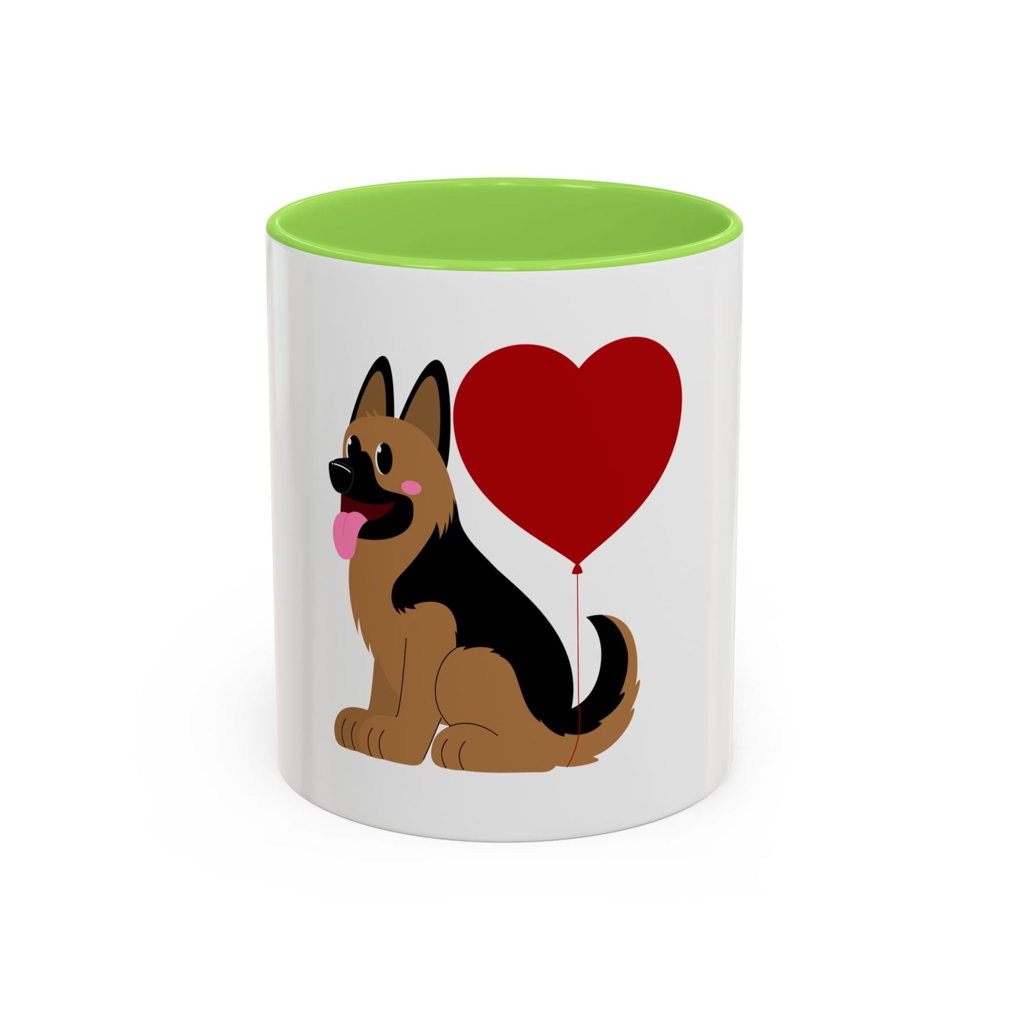 Glossy Ceramic Dog Lover Mug With a Graphic of German Shepherd Puppy and Heart Shaped Balloon Attached With Tail