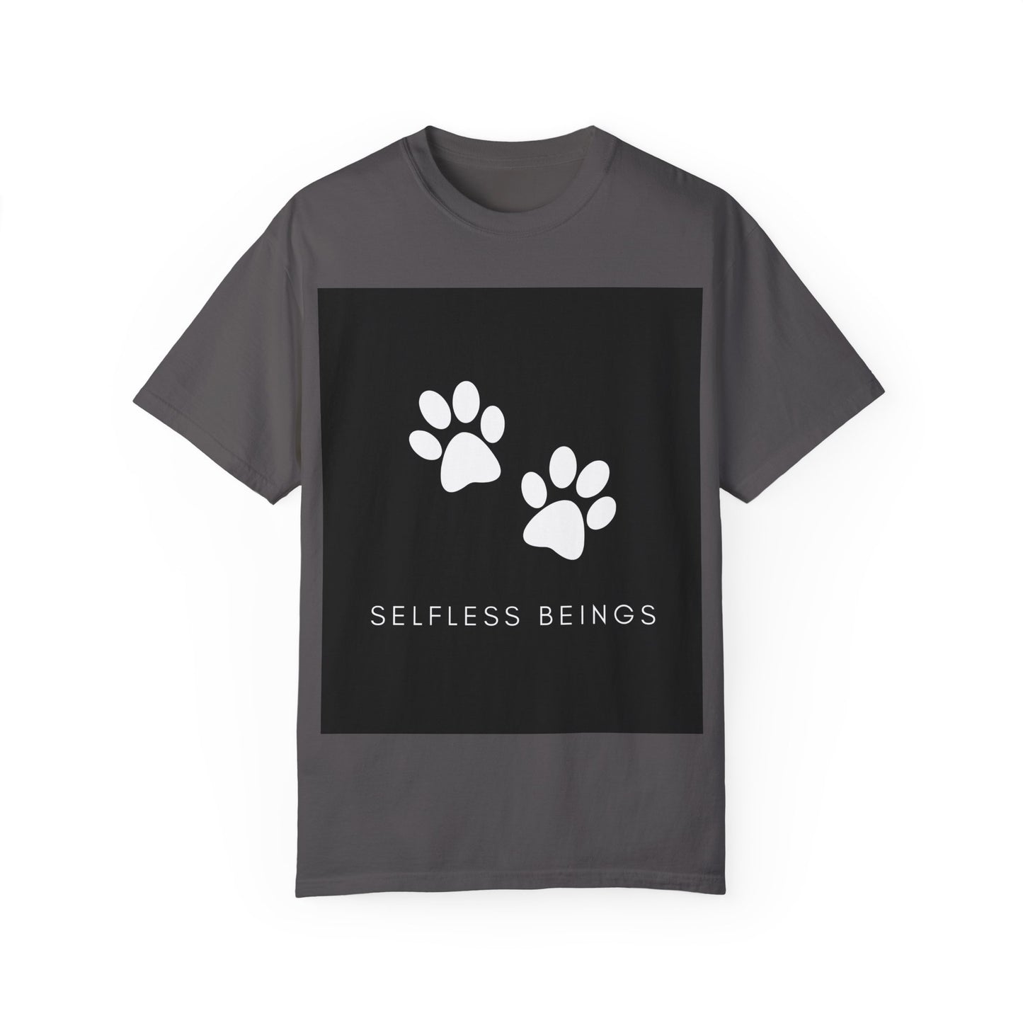 Unisex Dog Lover T-Shirt With White Dog Paw Prints and Caption Selfless Beings