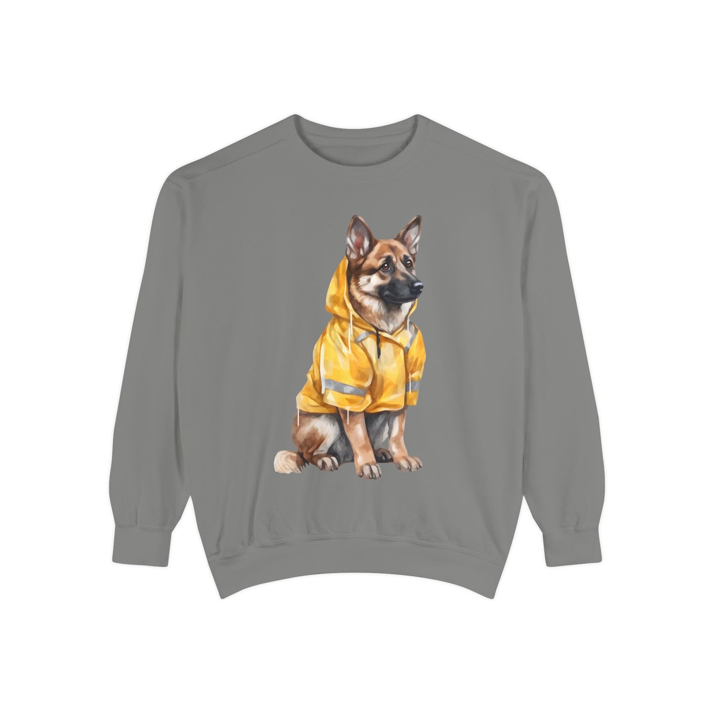 Unisex Dog Lover Sweatshirt With a Graphic of German Shepherd Wearing a Yellow Rain Coat