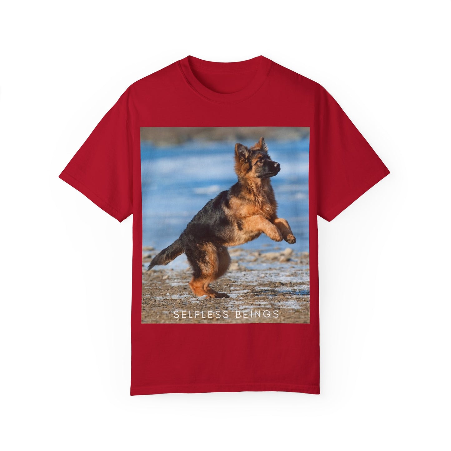 Unisex Dog Lover T-Shirt With Gorgeous German Shepherd Puppy Standing on Back Legs at Seashore and Caption Selfless Beings