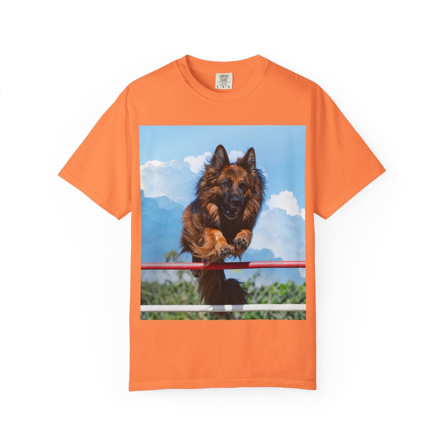 Unisex Dog Lovers T-Shirt Featuring a German Shepherd Jumping An Agility Fence