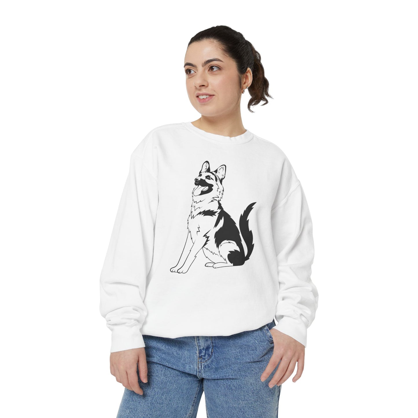 Unisex Dog Lover Sweatshirt With a Graphic of Black and Transparent German Shepherd Sloppily Sitting