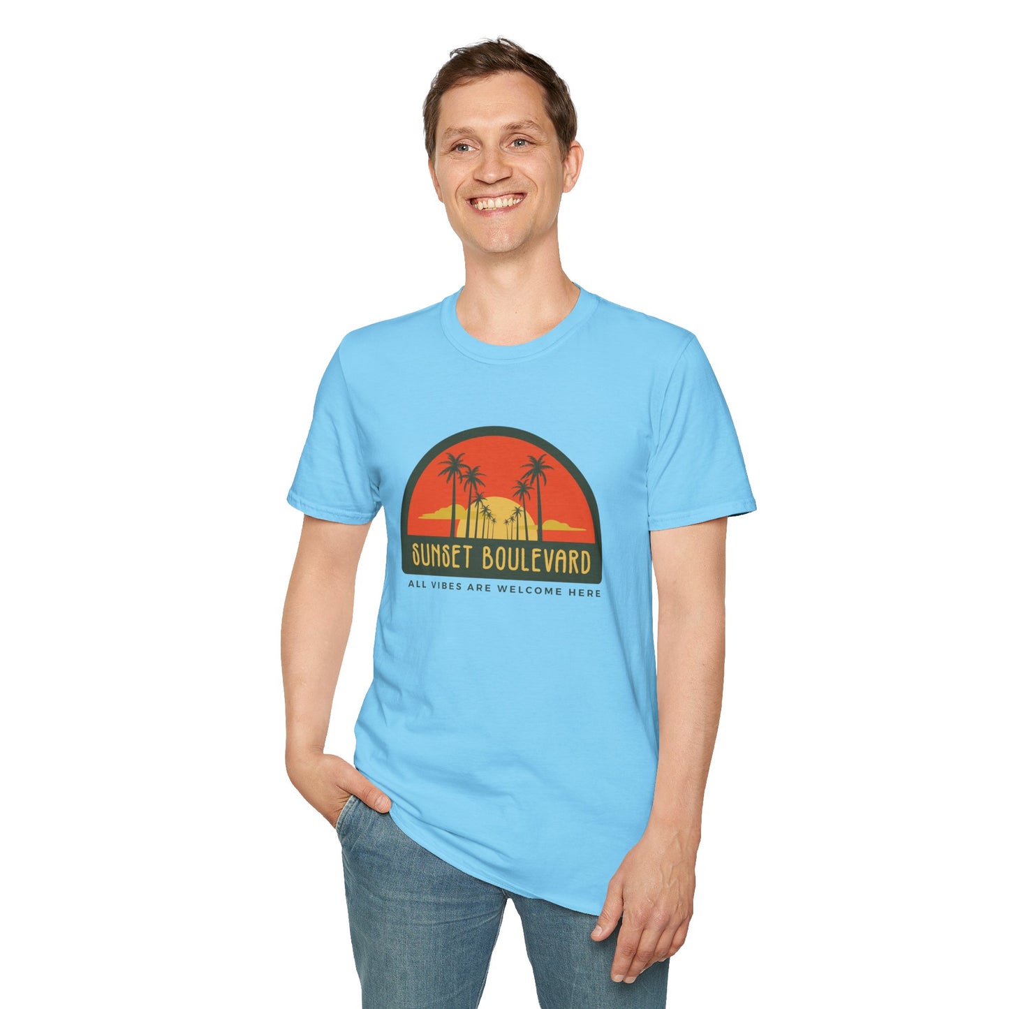 Sunset Boulevard Unisex Softstyle T-Shirt, Retro Beach Tee, Vacation Shirt, Summer Apparel, Travel Gift